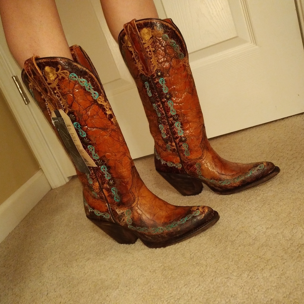 Dan Post Brown Turquoise Floral Studded Boots